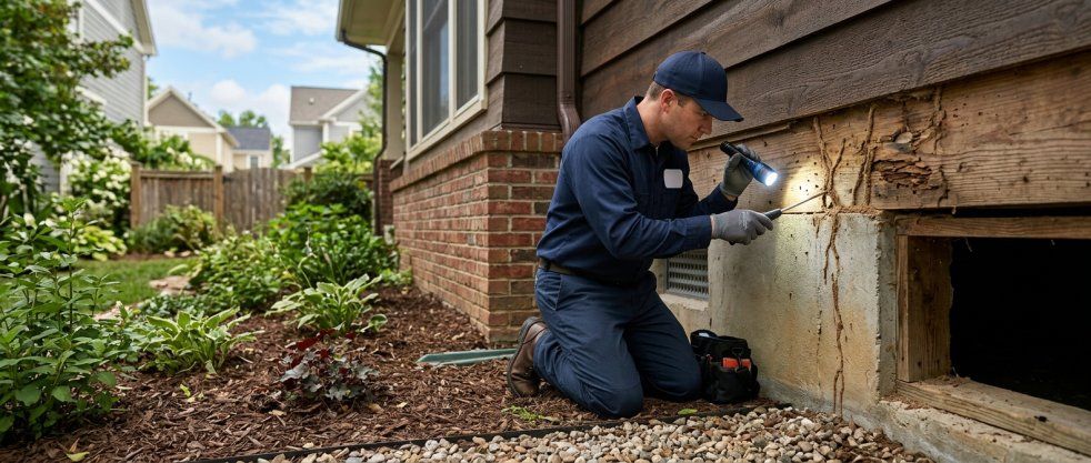 Pest control technician inspecting termite damage on exterior house foundation with flashlight and tool
